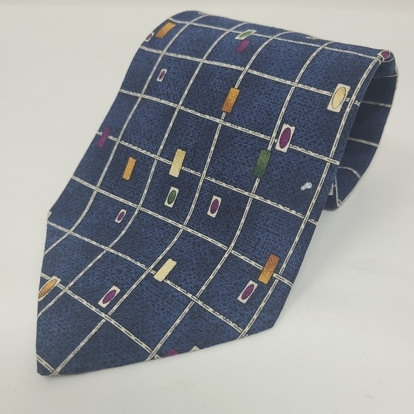 Robert Stock | Men's Vintage Dark Navy Blue Geometric Printed Tie - Picture 3 of 11
